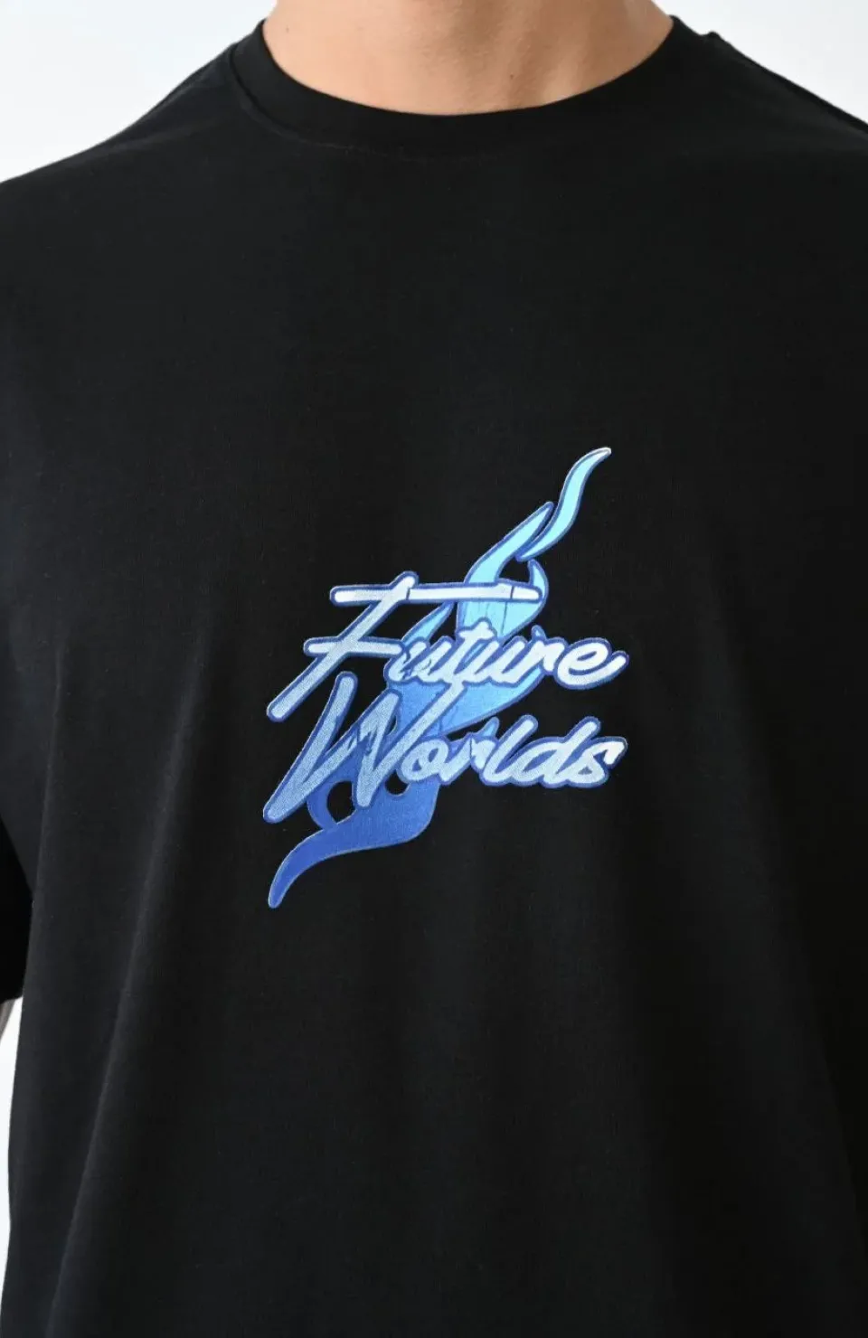 Unisex Bisiklet Yaka Baskılı Oversize T-Shirt - Siyah