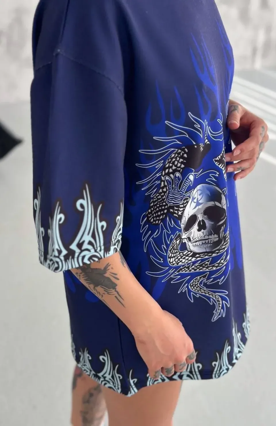 Unisex Bisiklet Yaka Baskılı Oversize T-Shirt - Lacivert