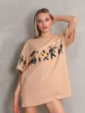 Unisex Bisiklet Yaka Baskılı Oversize T-Shirt - Bej
