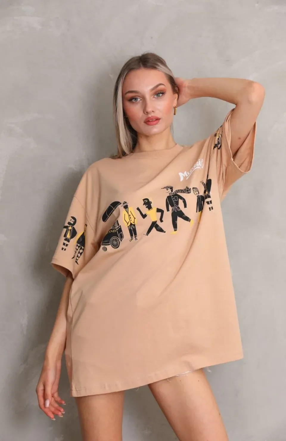 Unisex Bisiklet Yaka Baskılı Oversize T-Shirt - Bej