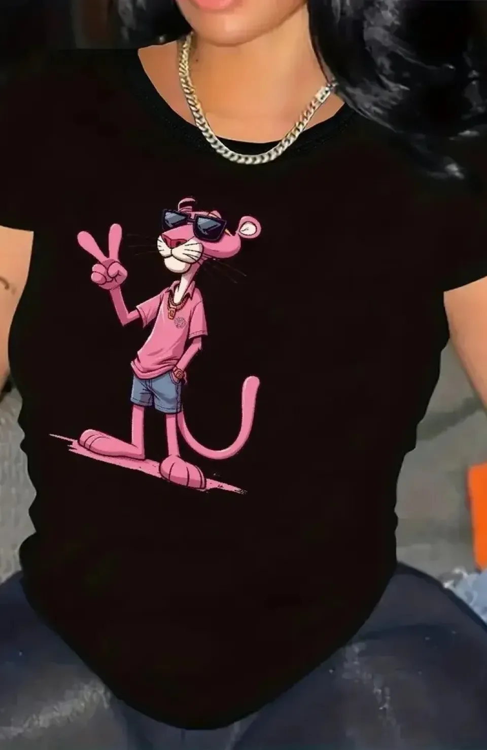 20/1 Penye Compack Pembe Panter Baskılı Oversize Bisiklet Yaka Kısa Kol Yazlık T-shirt - Beyaz