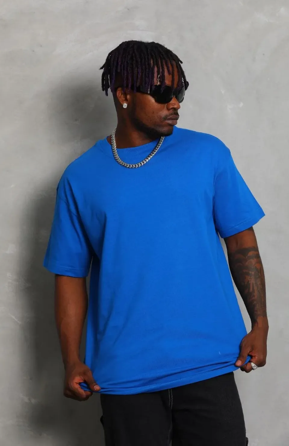 Unisex Oversize Düz Bisiklet Yaka T-Shirt - Mavi