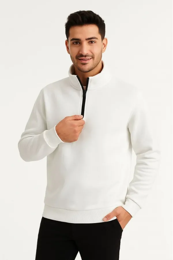 Erkek Dik Yaka Sweatshirt Dik Yaka Yarım Fermuarlı 3 İplik Şardonlu Pamuk Kumaş - Beyaz
