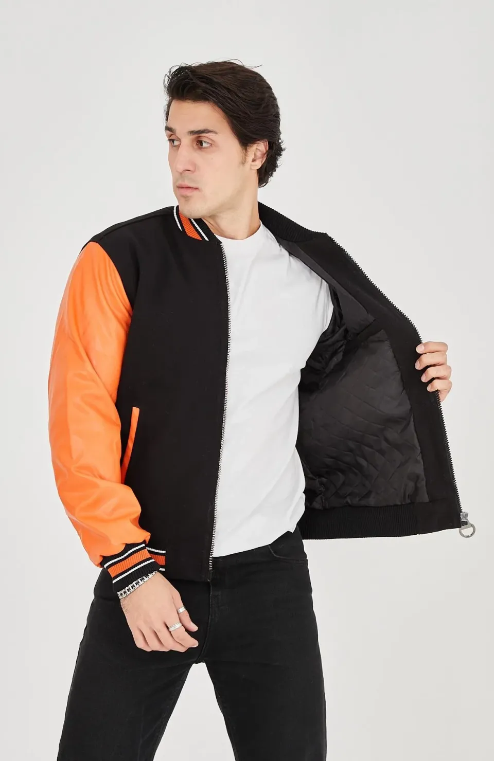Erkek İçten Elyaf ve Astarlı Kolları Suni Deri Ceket - Turuncu