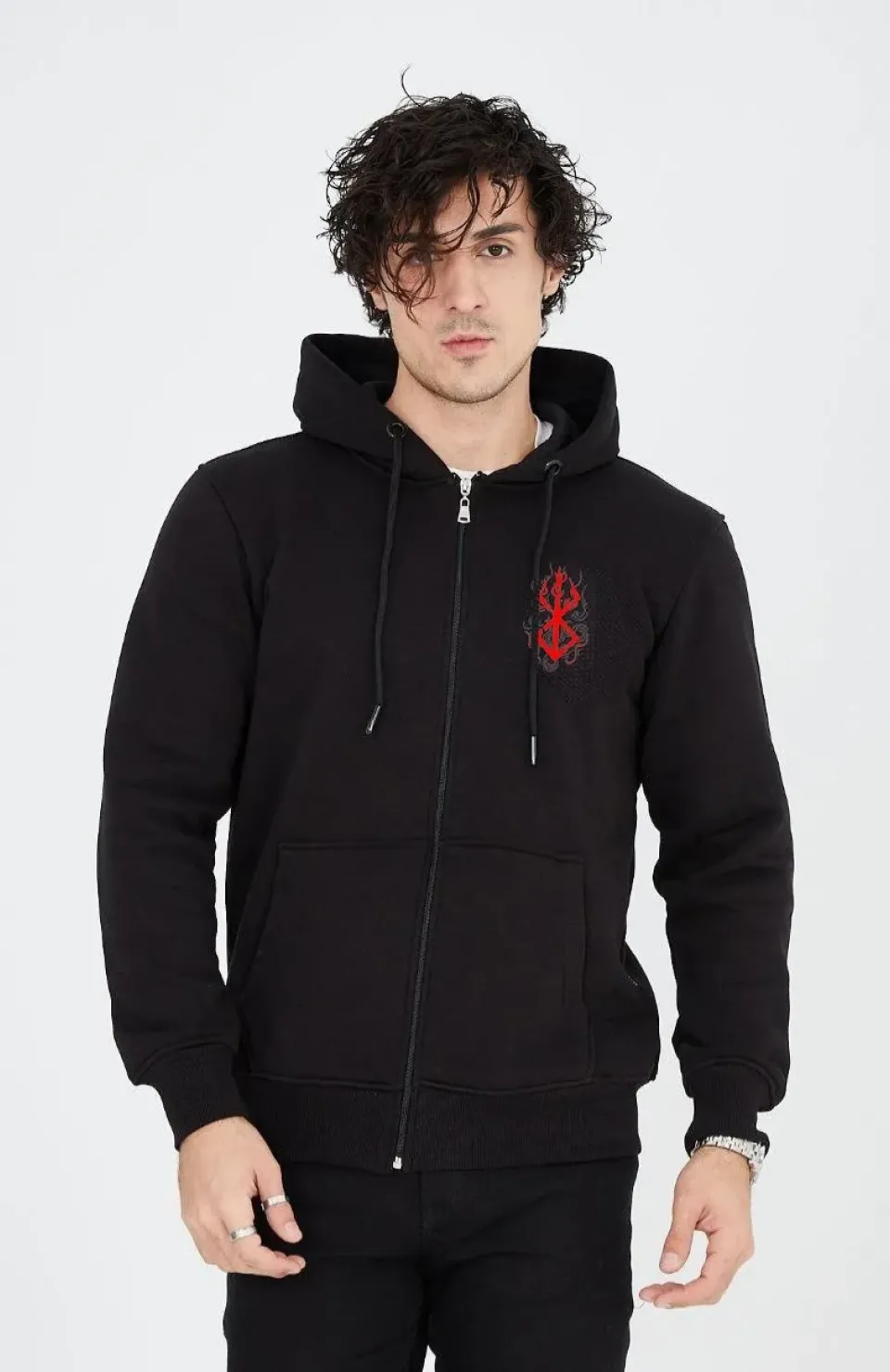 Unisex Baskılı Tam Fermuarlı Kapşonlu SweatShirt - Siyah