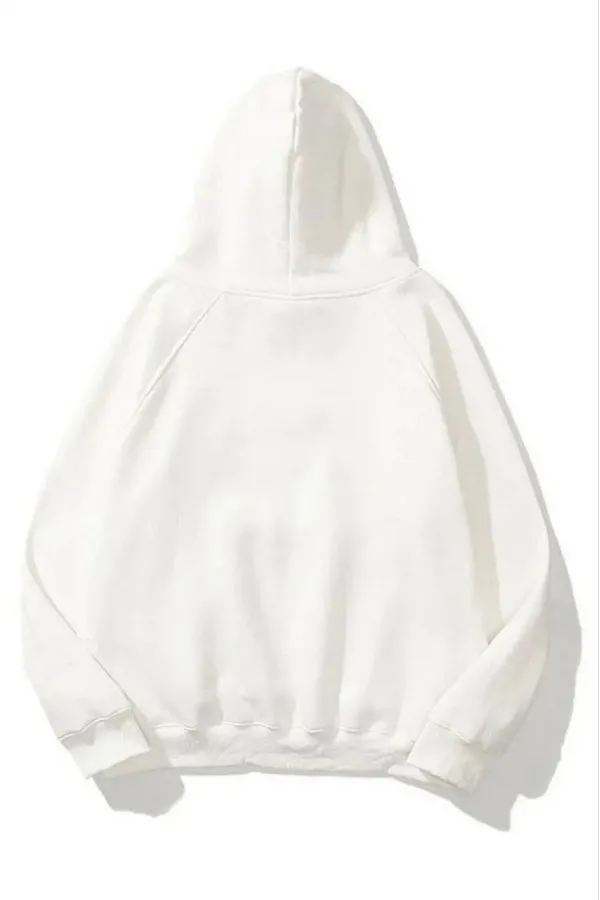 3 İplik Pamuklu Unisex Kapşonlu Sweetshirt - Beyaz