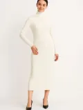 Kadın Boğazlı Triko Elbise – Uzun Fitilli Esnek Dokuma, Tam Kalıp, Kışlık & Baharlık Şık Rahat Stil, 130 cm Midi Boy Elbise - Beyaz