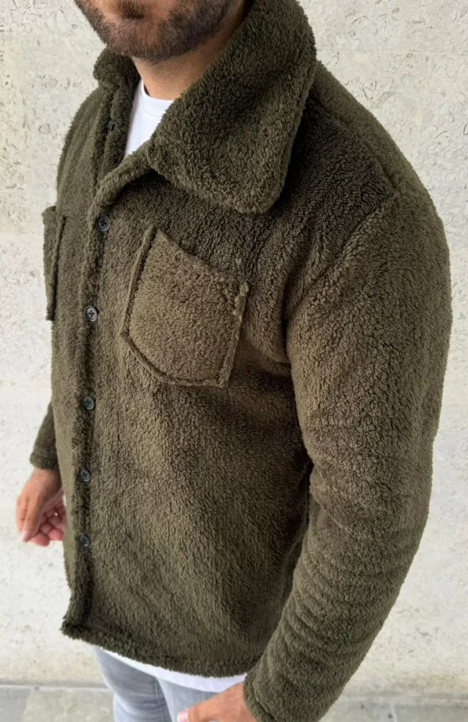 Erkek Pelüş Polar Hırka Gömlek – Yakalı, İlik Düğmeli, Göğüs Cepli, Yumuşak Dokulu Kışlık Regular Fit Rahat Günlük Model - Haki