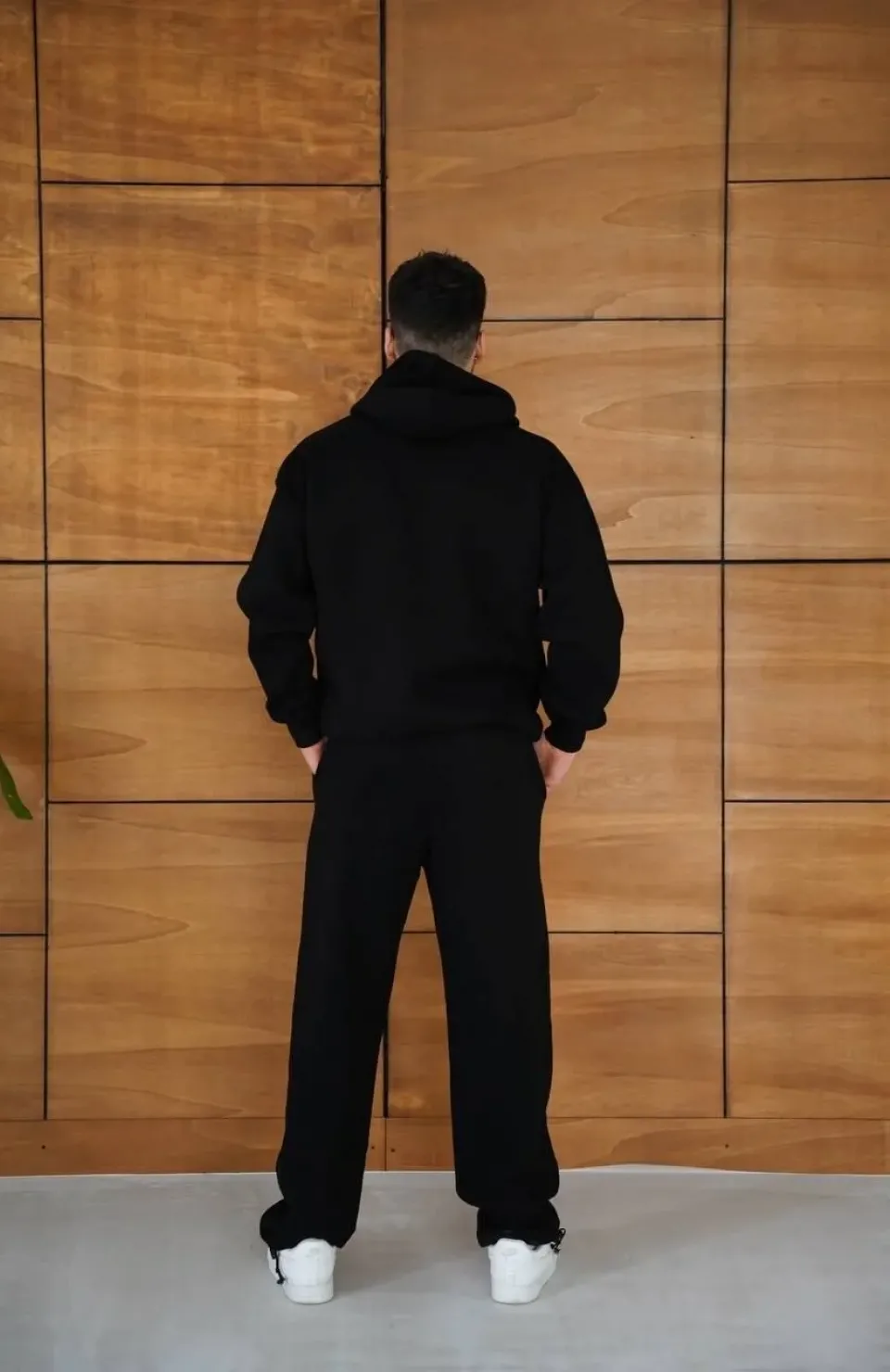 Erkek Kapüşonlu Eşofman Takım Örümcek Ağı ve Neon Yeşil Baskılı Kanguru cepli Oversize Rahat Kalıp, Premium Üç İplik Kumaş - Siyah