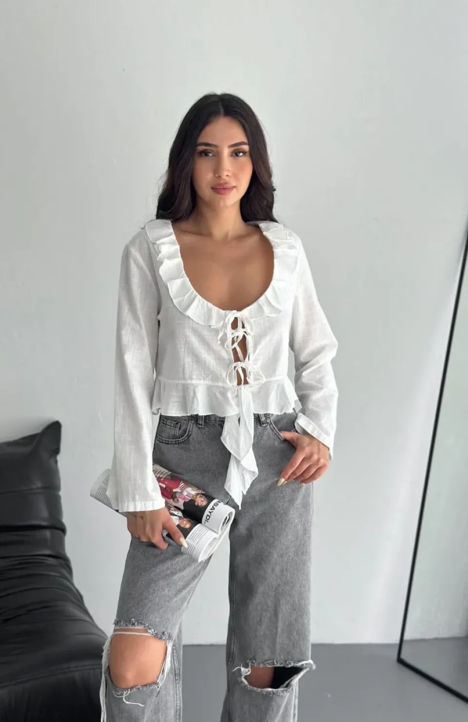 Keten Uzun Kol Bağacık Detaylı Bluz - Beyaz