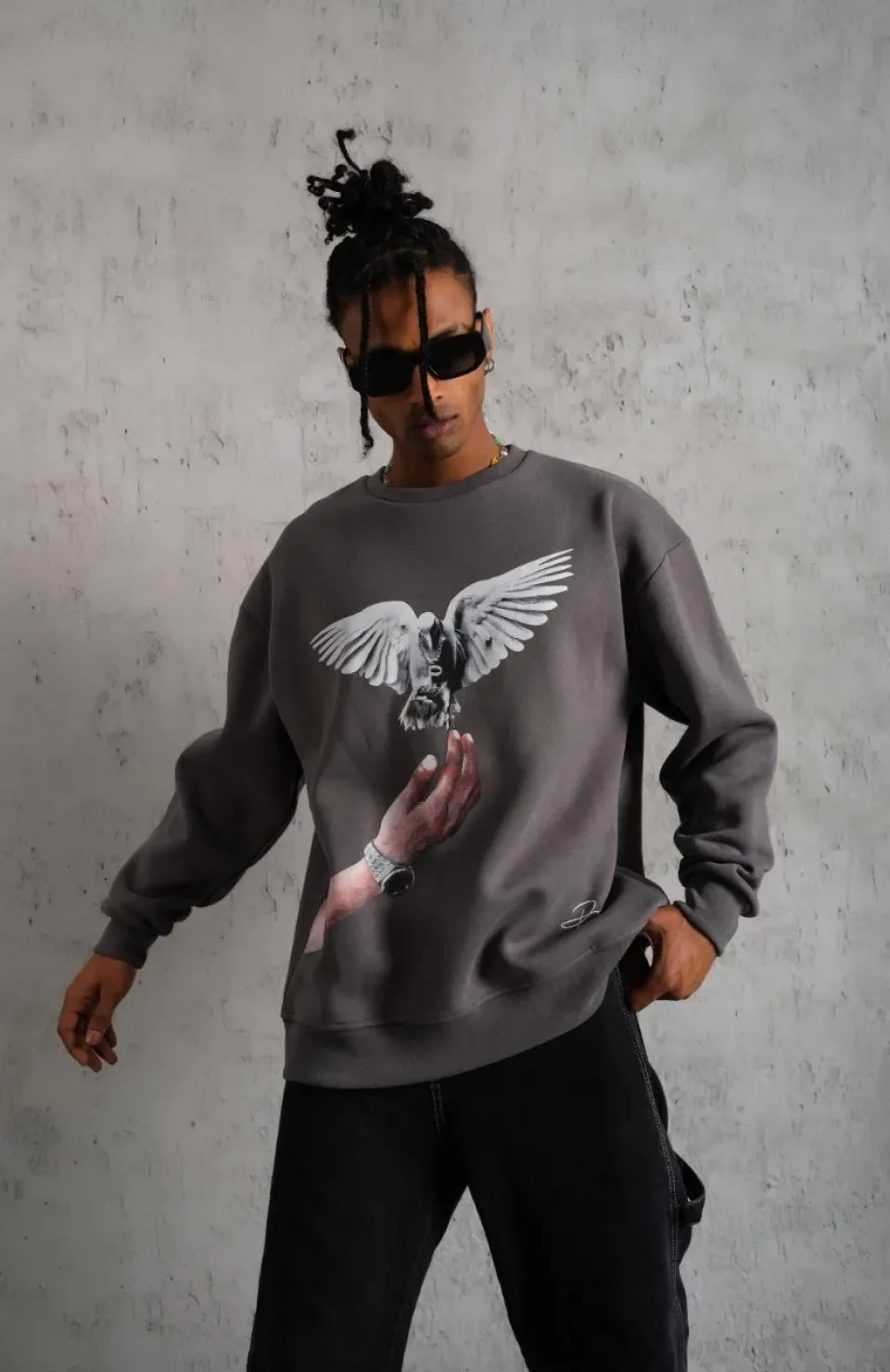 Erkek Güvercin Baskılı Sweatshirt - Gri Somersan Giyim | Kadın, Erkek ve Çocuk Moda