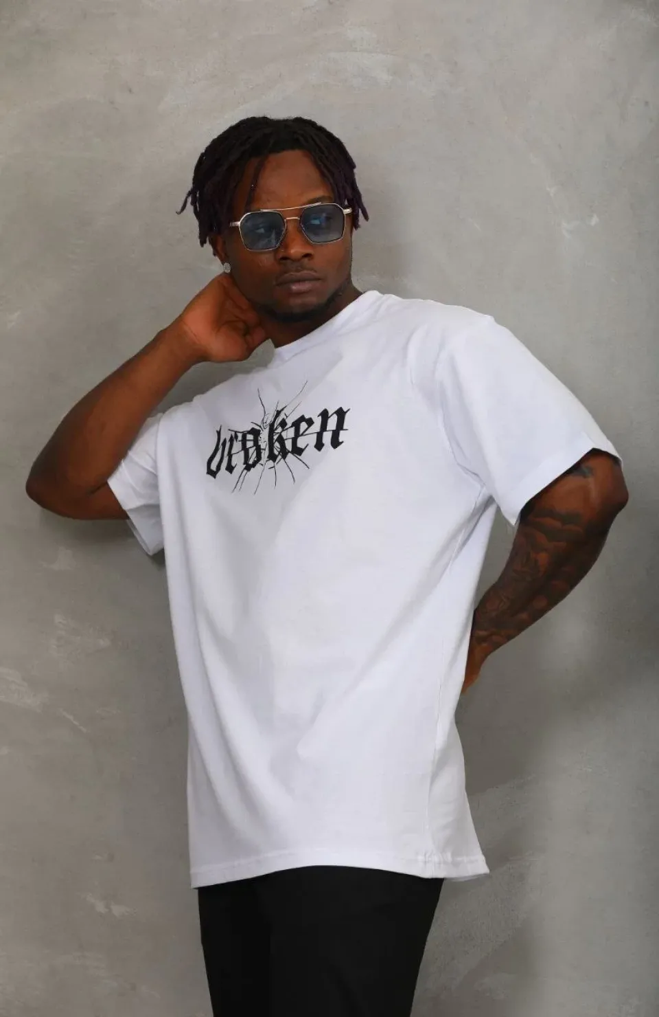 Unisex Oversize Baskılı Bisiklet Yaka T-Shirt - Beyaz