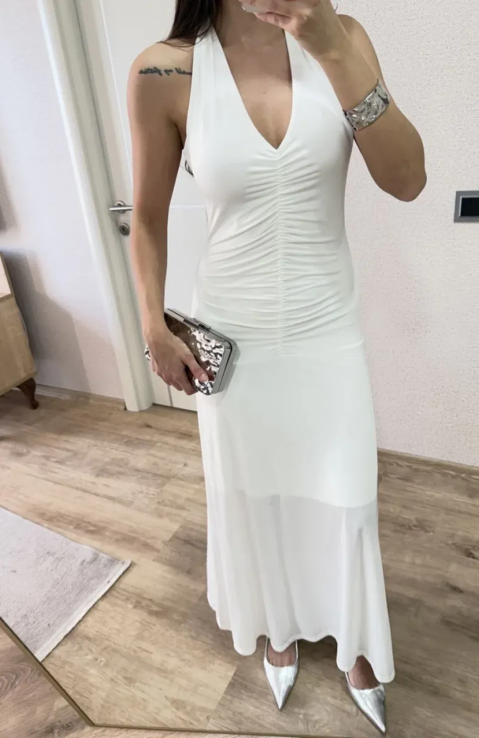 Sırt dekolteli Uzun Elbise - Beyaz