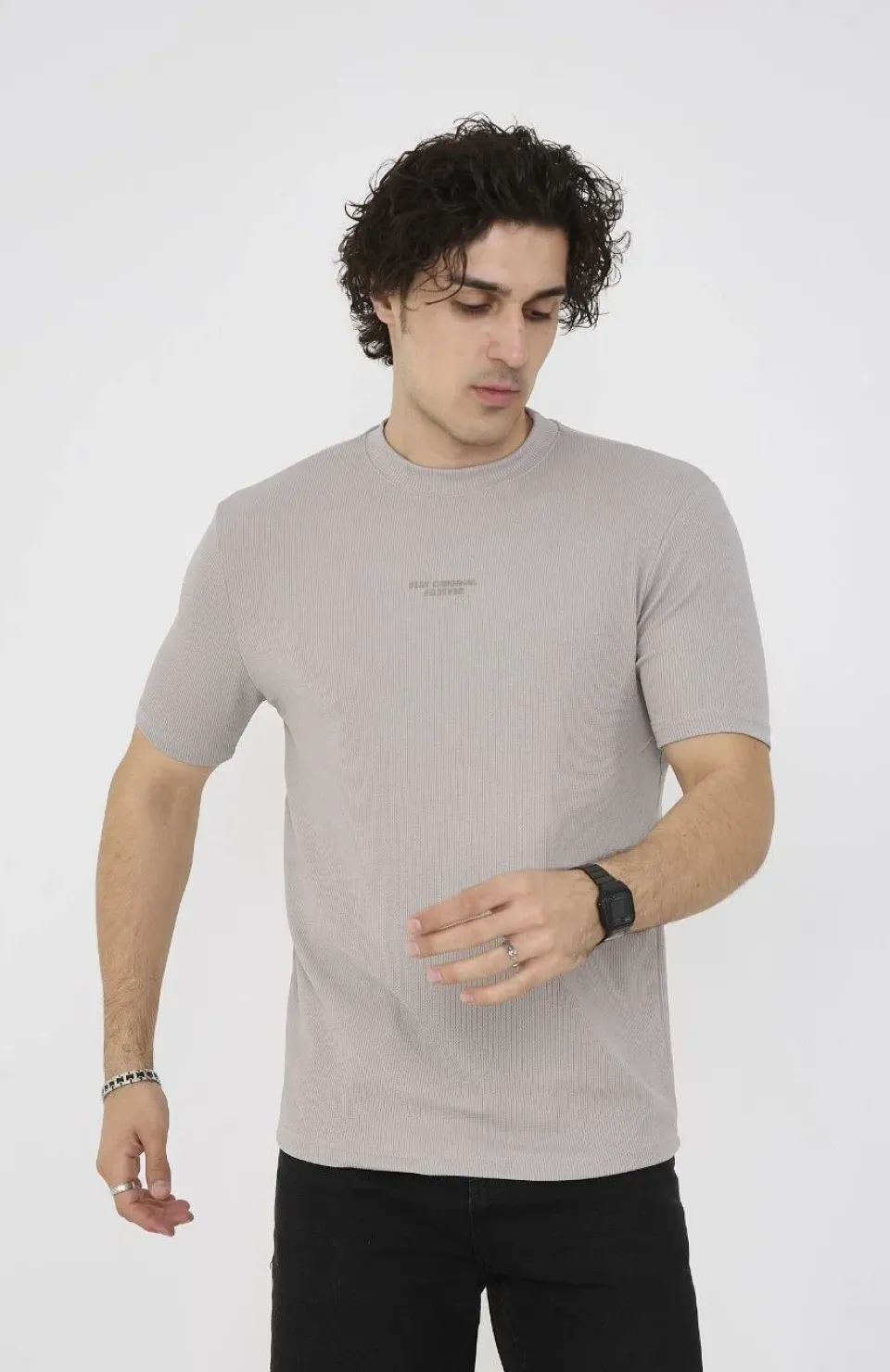 Unisex Bisiklet Yaka Slim fit T-Shirt- Boyalı Gri