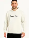 Erkek Kapşonlu Sweatshirt – Oversize Üç İplik Şardonlu Hoodie, “Other Lives” Ön & Arka Baskılı, Kanguru Cepli, Kışlık Rahat Günlük Stil - Beyaz