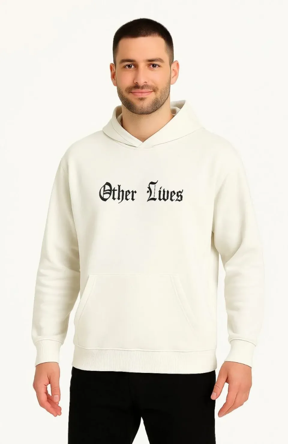 Erkek Kapşonlu Sweatshirt – Oversize Üç İplik Şardonlu Hoodie, “Other Lives” Ön & Arka Baskılı, Kanguru Cepli, Kışlık Rahat Günlük Stil - Beyaz
