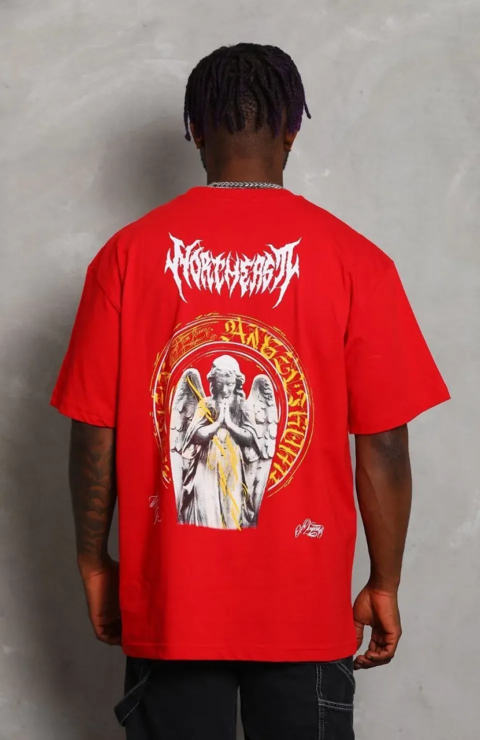 Unisex Oversize Baskılı Bisiklet Yaka T-Shirt - Kırmızı