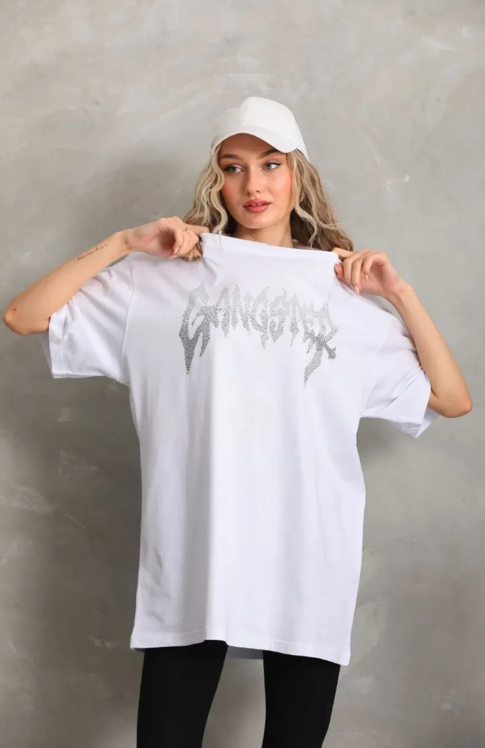 Unisex Taş Desenli Oversize T-Shirt - Beyaz