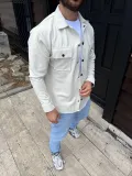 Erkek Diagonal Kumaş Cepli Çıtçıtlı uzun Kollu, Gömlek Oversize Rahat Kalıp Günlük Şık Stil - Beyaz
