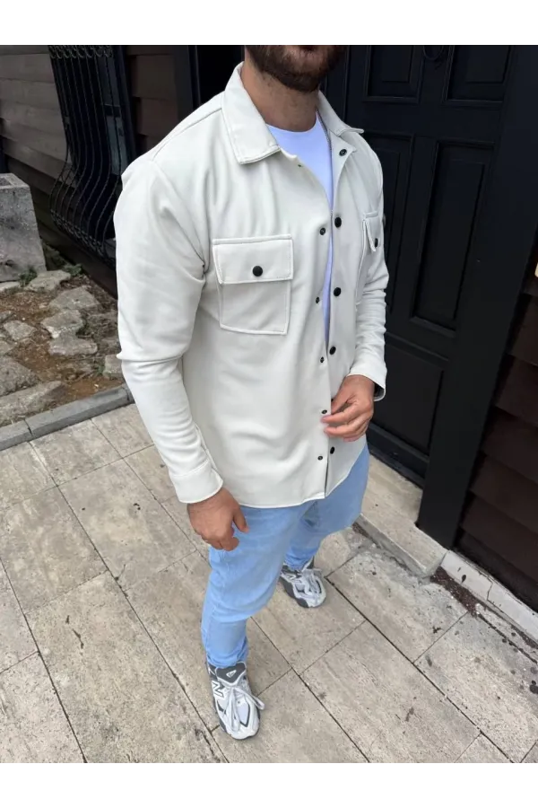 Erkek Diagonal Kumaş Cepli Çıtçıtlı uzun Kollu, Gömlek Oversize Rahat Kalıp Günlük Şık Stil - Beyaz