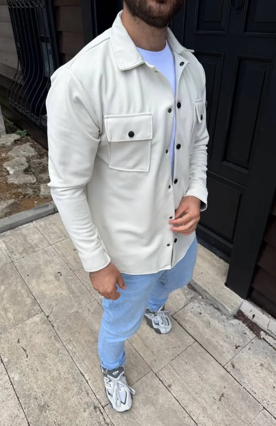 Erkek Diagonal Kumaş Cepli Çıtçıtlı uzun Kollu, Gömlek Oversize Rahat Kalıp Günlük Şık Stil - Beyaz