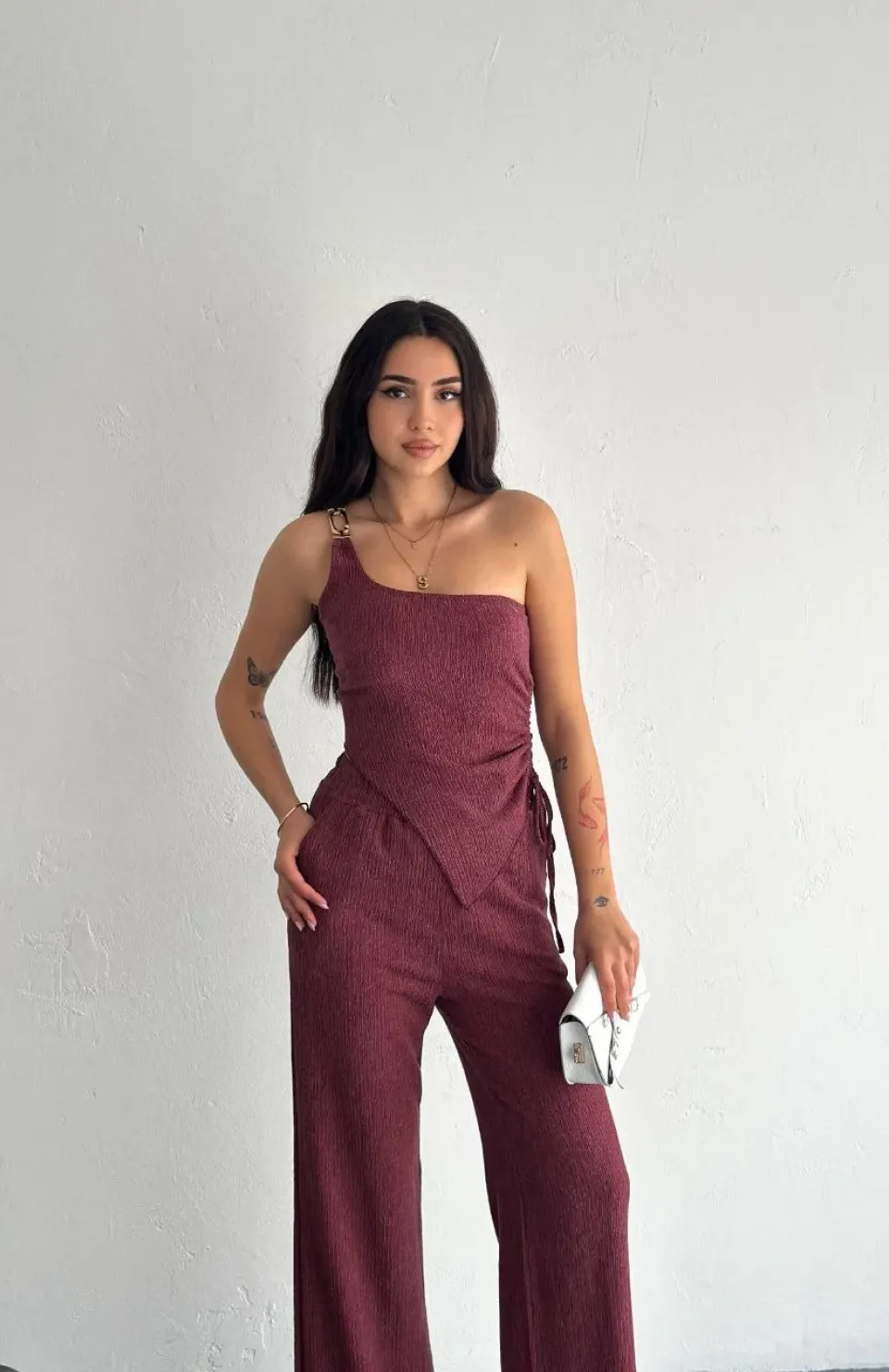 Asimetrik Crop Pantalon ikili Takım - Gül Kurusu
