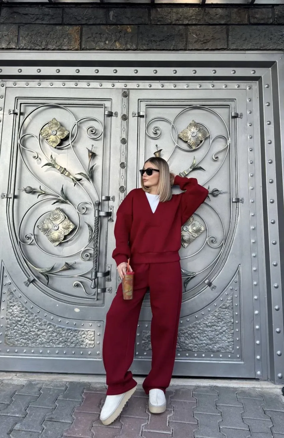 Geniş V Yaka Üç İplik Sweat Takım - Bordo