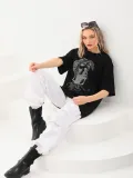 Unisex Taş Desenli Oversize T-Shirt - Siyah