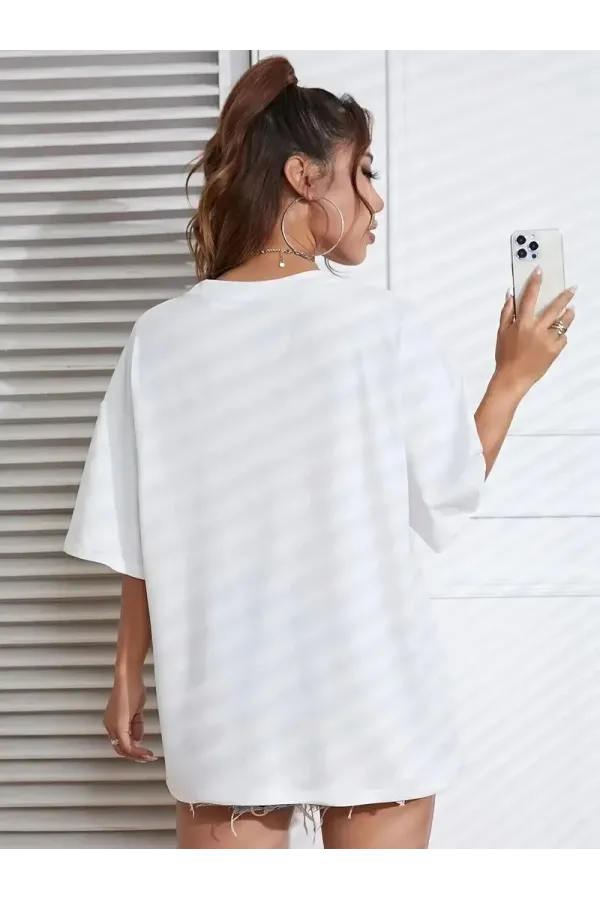 20/1 Penye CompackNew York Baskılı Oversize Kısa Kol Bisiklet Yaka T-shirt - Beyaz