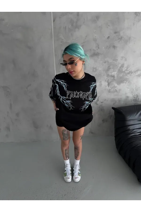 Unisex Bisiklet Yaka Baskılı Oversize T-Shirt - Siyah