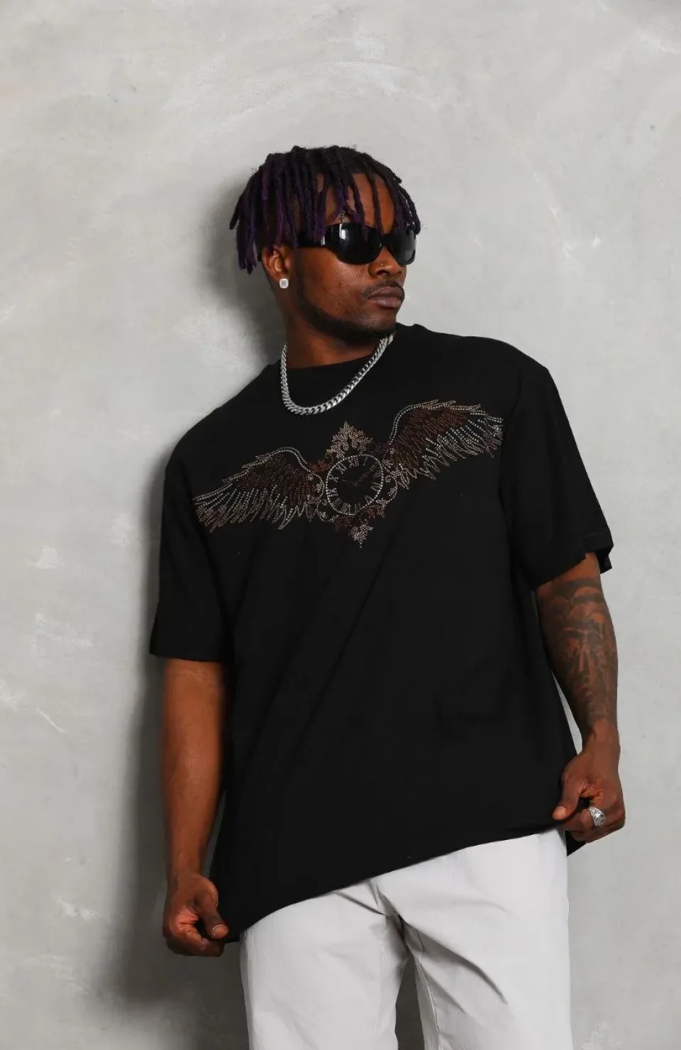 Unisex Oversize Taşlı Bisiklet Yaka T-Shirt - Siyah