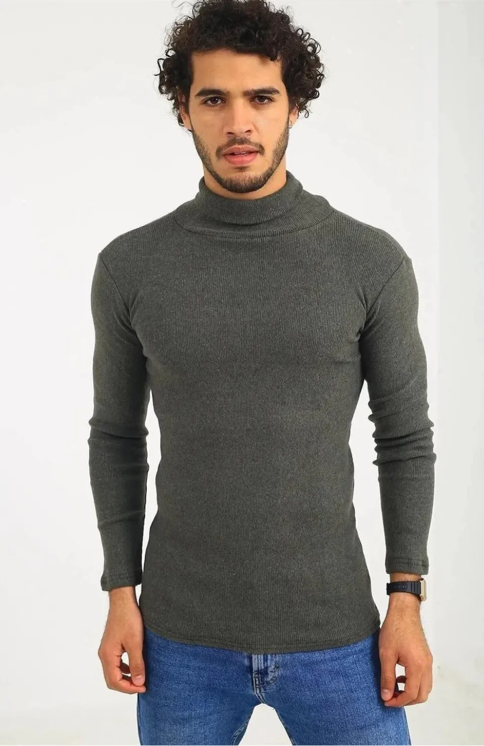 Erkek Kaşkorse Boğazlı Full Likralı Fitilli Body Kazak - Haki