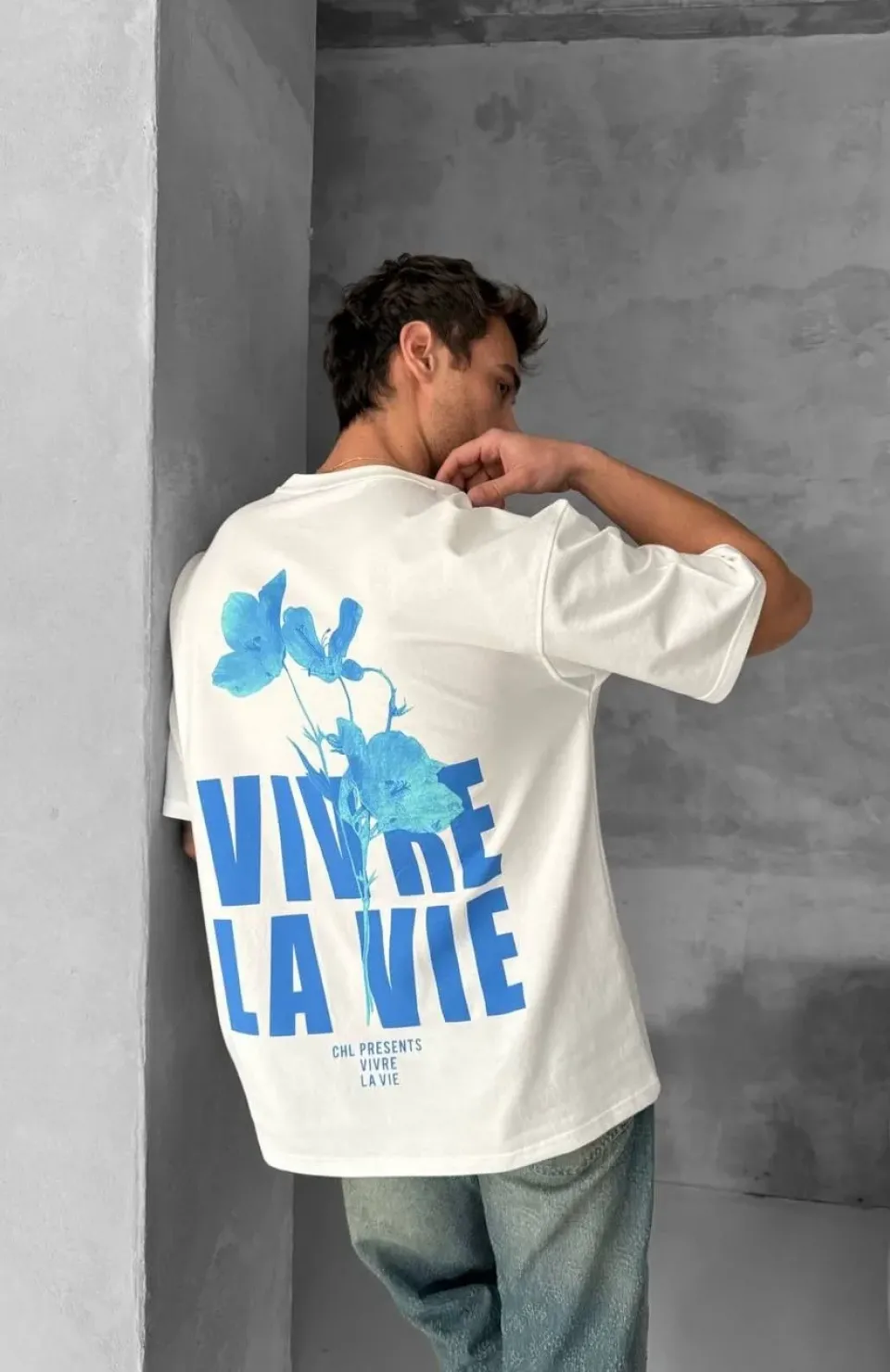 Ön ve Arka Baskılı Oversize Bisiklet Yaka T-shirt- Beyaz