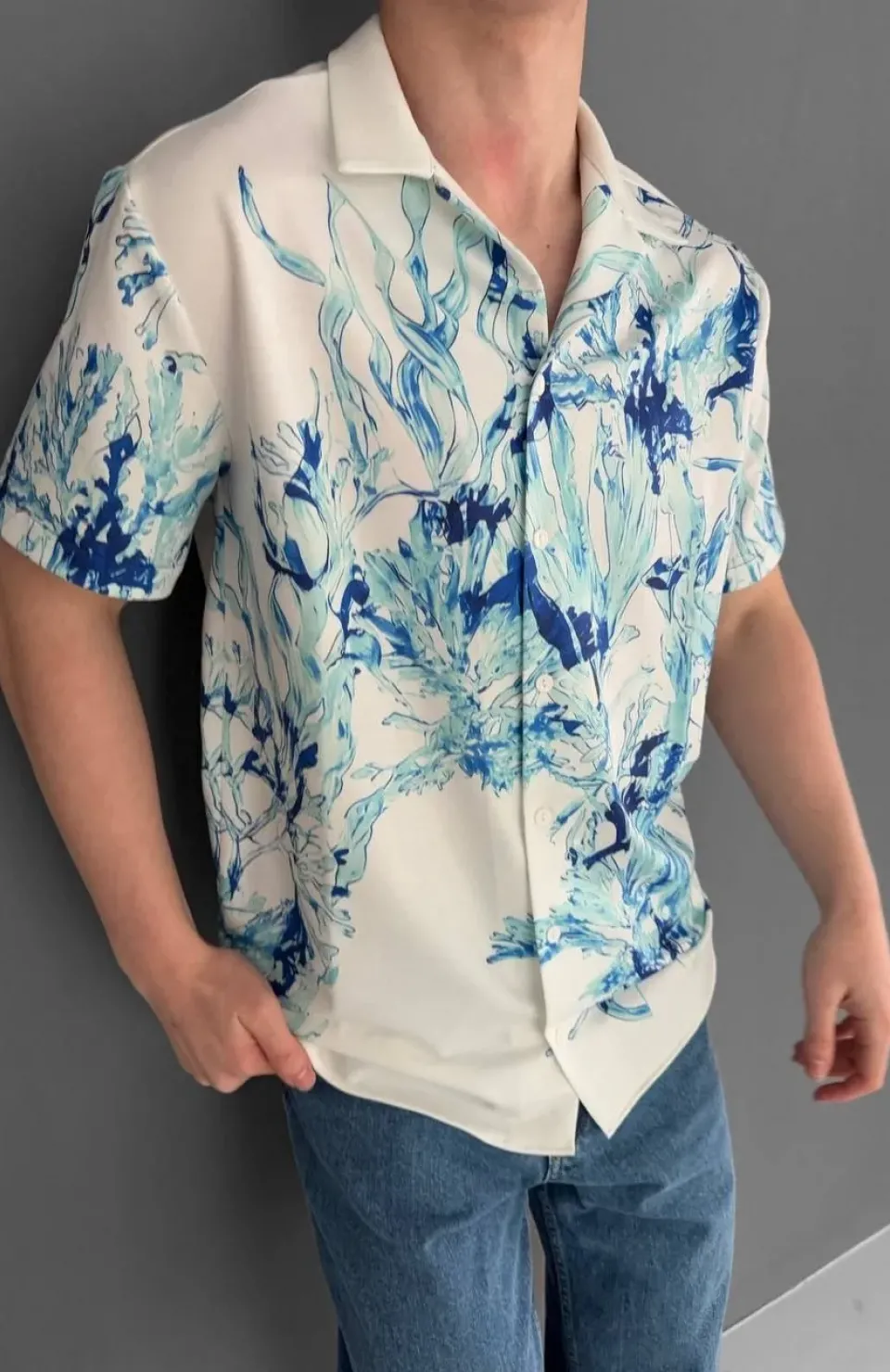 İki İplik Kumaş Baskılı Gömlek - Beyaz