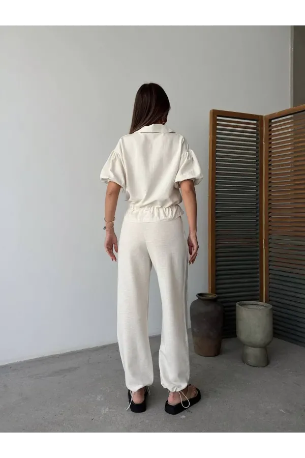 Keten Tam Fermuarlı Kısa kollu Gömlek Pantolon ikili Takım - Beyaz