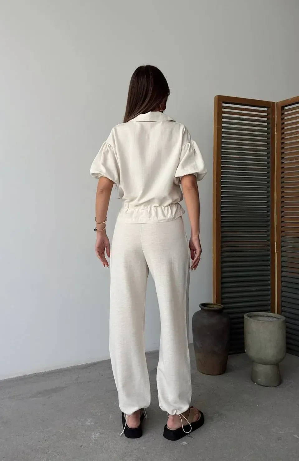 Keten Tam Fermuarlı Kısa kollu Gömlek Pantolon ikili Takım - Beyaz