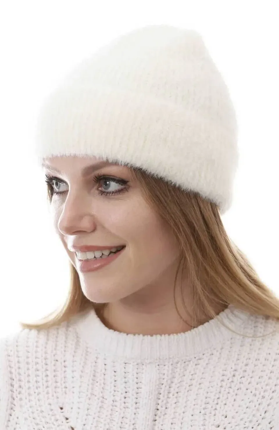 Unisex Tam Kalıp İnce Sakallı Triko Bere - Beyaz