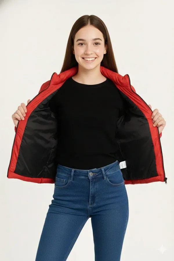 Kız Çocuk Şişme Mont Hafif ve Sıcak Tutucu Kışlık Fermuarlı Su İtici Rahat Günlük Mont Kapüşonuz Modern Tasarım - Kırmızı