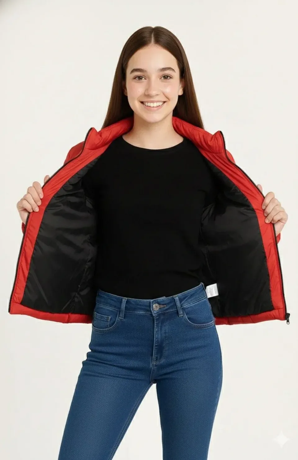 Kız Çocuk Şişme Mont Hafif ve Sıcak Tutucu Kışlık Fermuarlı Su İtici Rahat Günlük Mont Kapüşonuz Modern Tasarım - Kırmızı Somersan Giyim | Kadın, Erkek ve Çocuk Moda