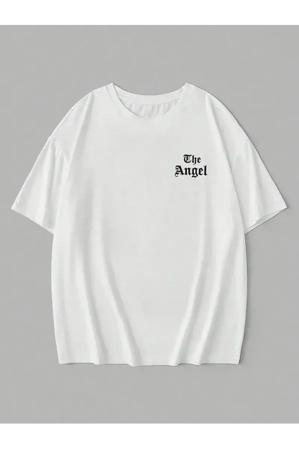 20/1 Penye Compack Dark Angel Baskılı Oversize Kısa Kol Yazlık T-shirt- Beyaz