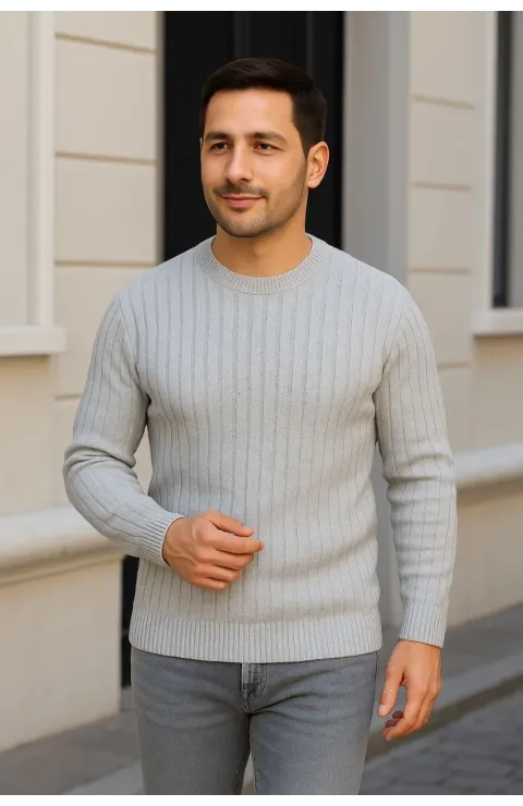 Erkek Bisiklet Yuvarlak Yaka Triko Kazak Pamuklu Kalın Fitilli Dokuma, Regular Fit Uzun Kollu Kışlık Model - Gri