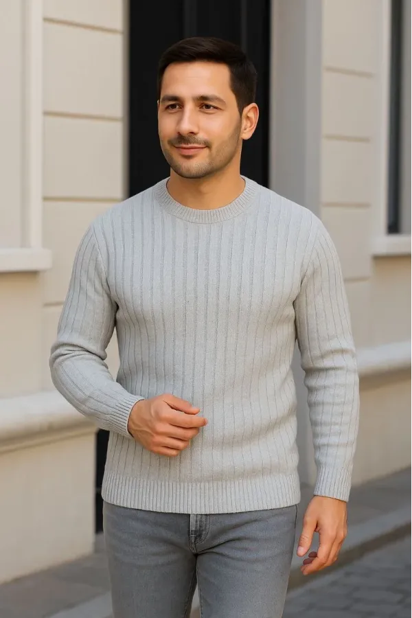 Erkek Bisiklet Yuvarlak Yaka Triko Kazak Pamuklu Kalın Fitilli Dokuma, Regular Fit Uzun Kollu Kışlık Model - Gri