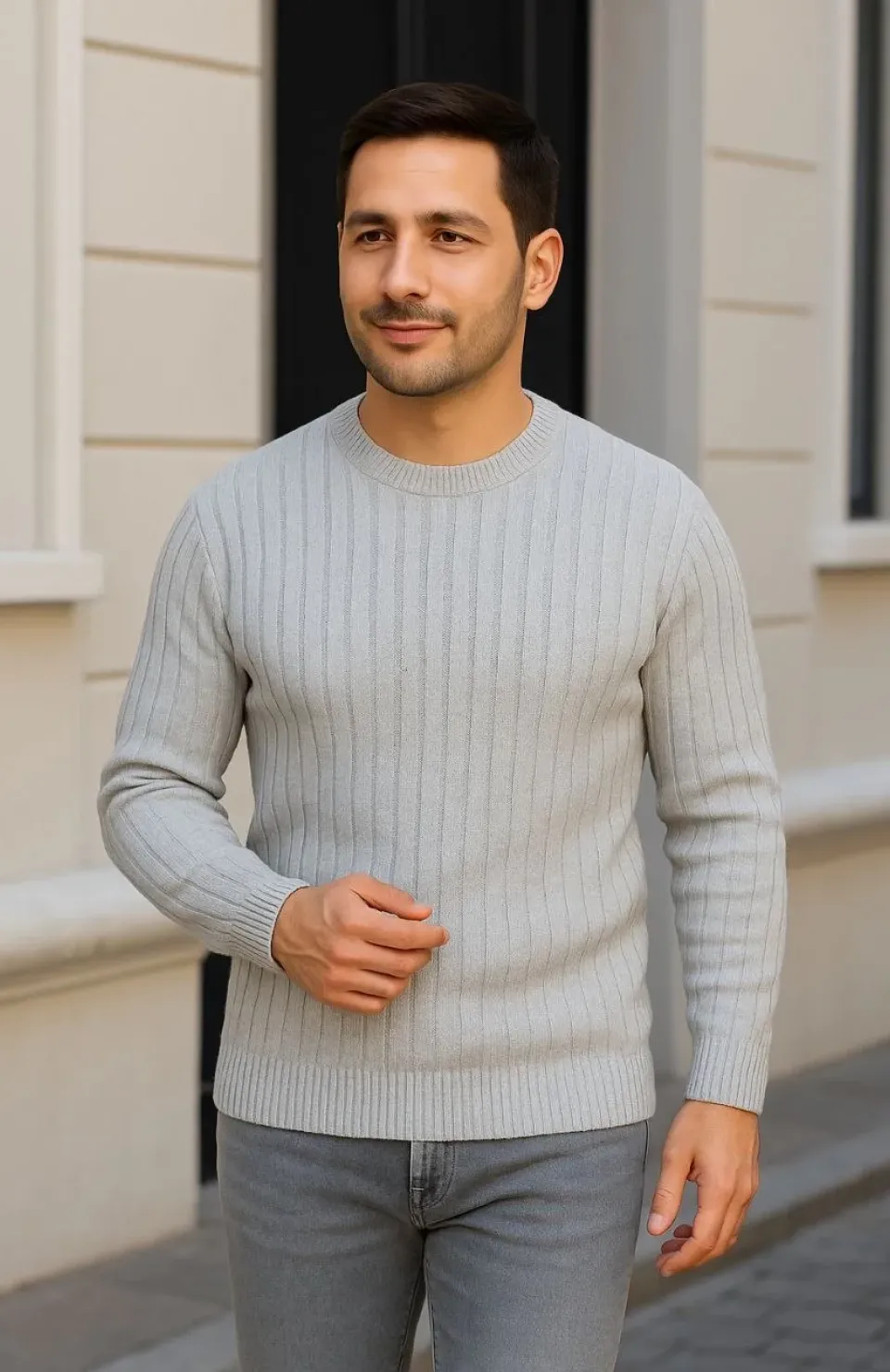 Erkek Bisiklet Yuvarlak Yaka Triko Kazak Pamuklu Kalın Fitilli Dokuma, Regular Fit Uzun Kollu Kışlık Model - Gri