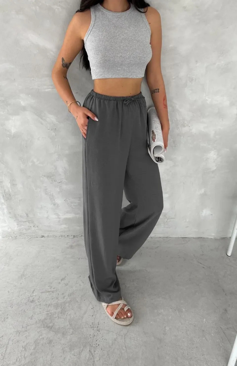 Ayrobin Oversize Kadın Pantalon - Füme