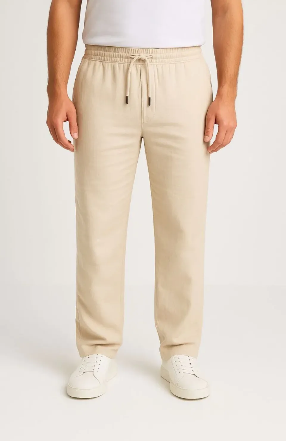 Erkek Keten Pantolon – Cepli, Beli Lastikli ve Bağcıklı, Nefes Alan Rahat Kalıp, Yazlık ve Baharlık Günlük Giyim, Şık & Konforlu Boru Paça Model - Bej