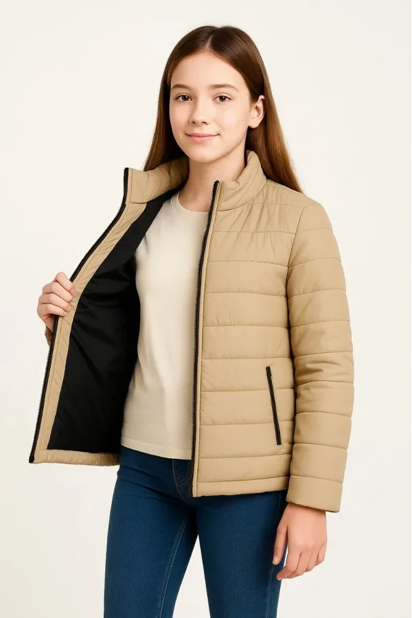 Kız Çocuk Şişme Mont Hafif ve Sıcak Tutucu Kışlık Fermuarlı Su İtici Rahat Günlük Mont Kapüşonuz Modern Tasarım - Bej