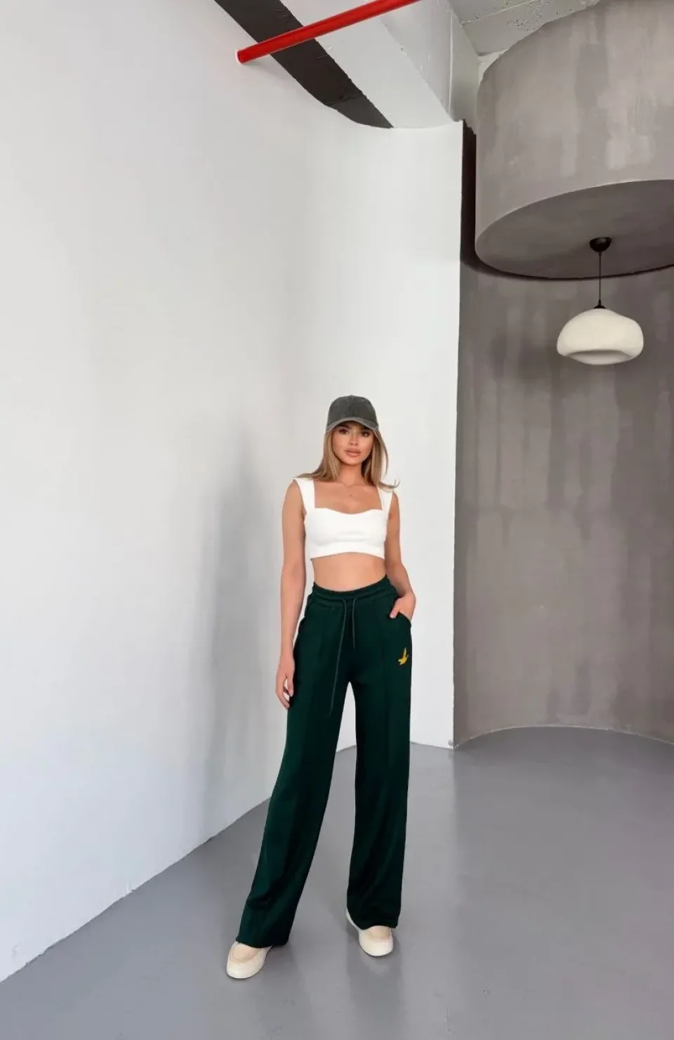 Osy Modal Yumuşak Dokulu Kumaş Nakış işlemeli Rahat Bol Paça Eşofman Pantalon - Yeşil