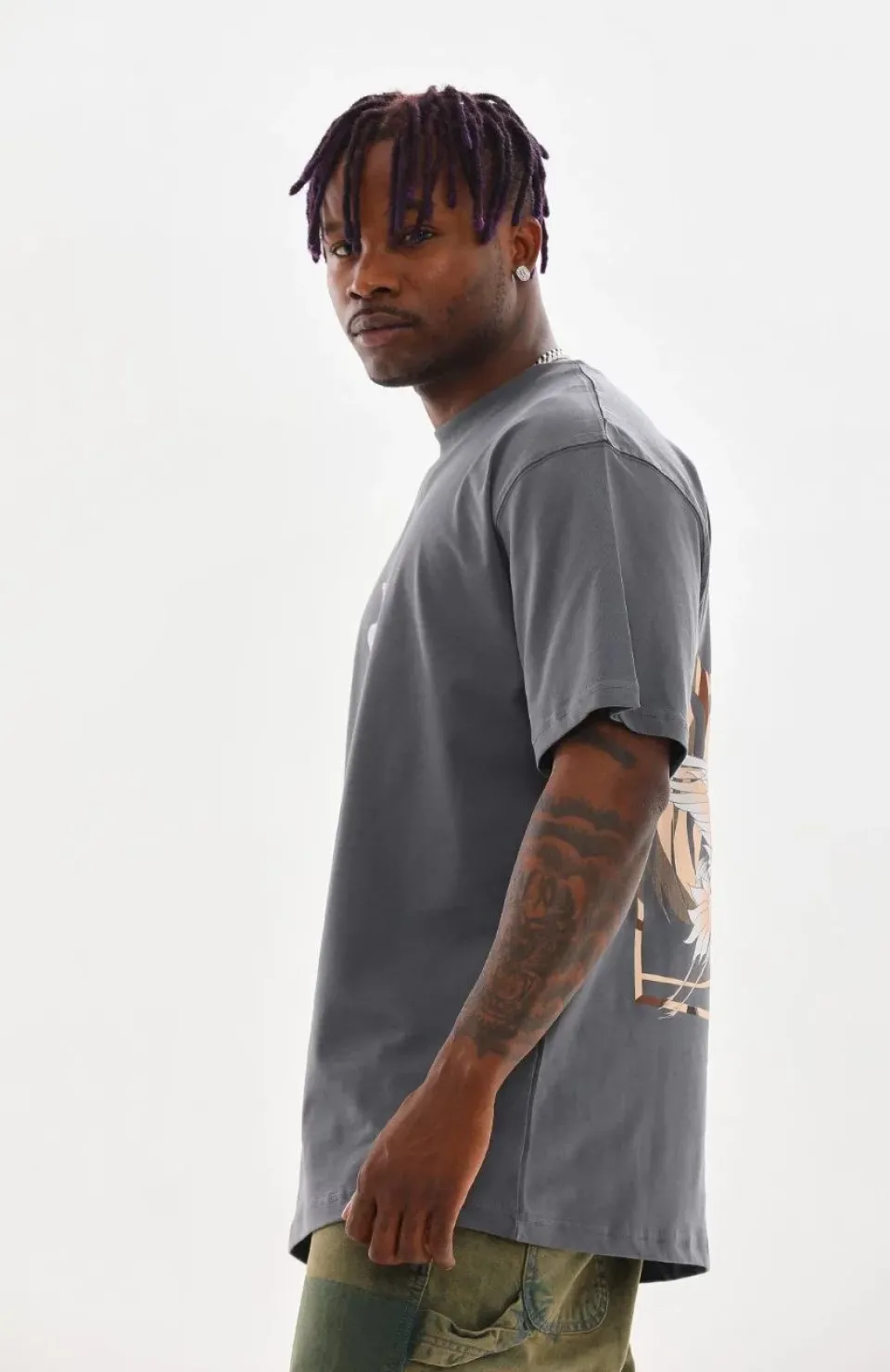 Unisex Baskılı Oversize T-Shirt - Füme