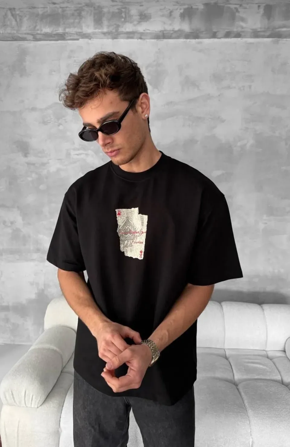 Ön ve Arka Baskılı Oversize Bisiklet Yaka T-shirt - Siyah