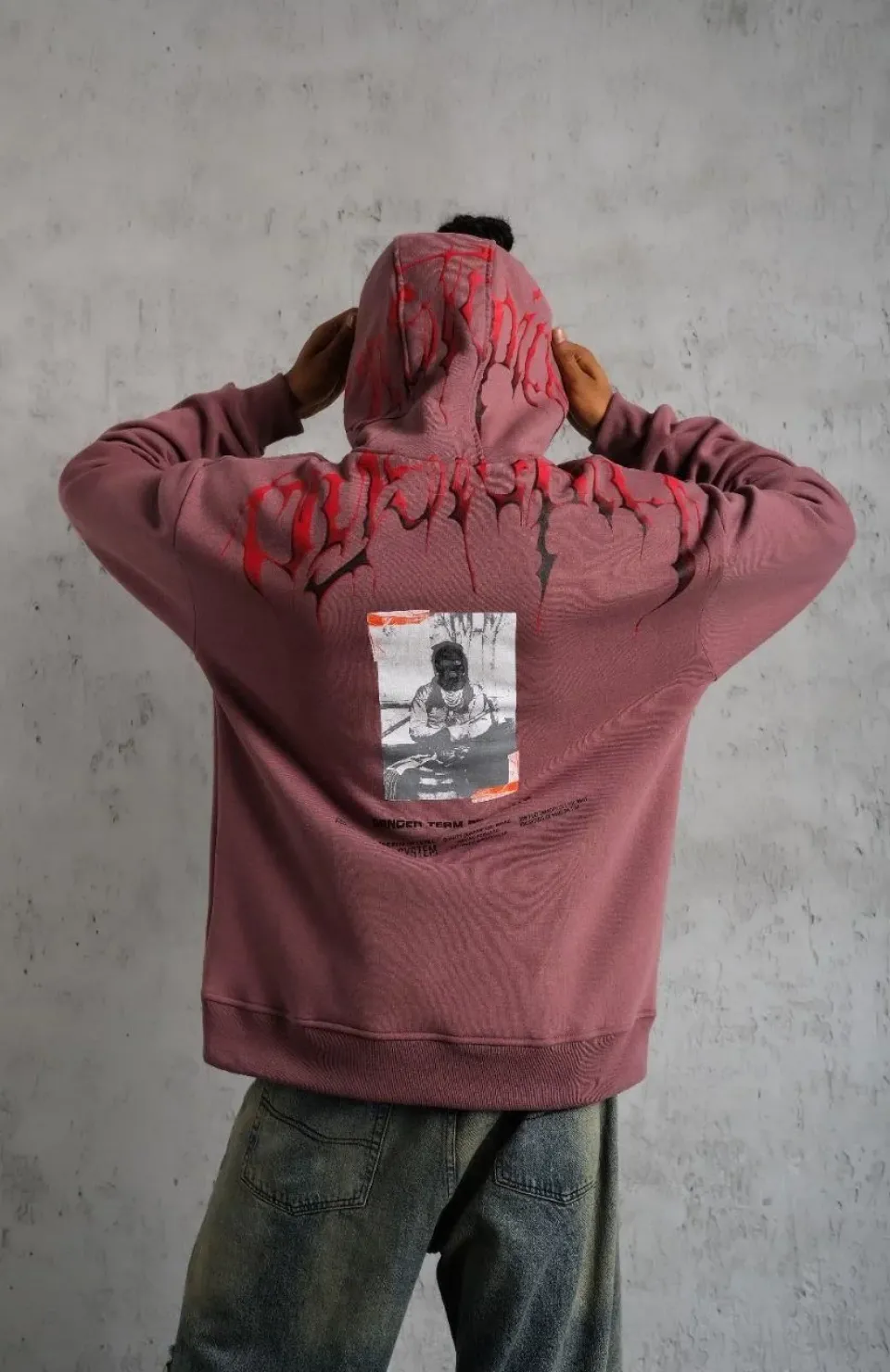 Erkek Ön ve Arka Baskılı Kapüşonlu 3 İplik Sweatshirt - Gül Kurusu Somersan Giyim | Kadın, Erkek ve Çocuk Moda